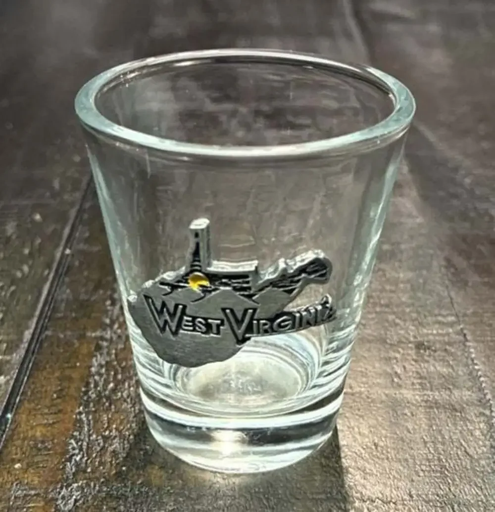 West Virginia State Souvenir Shot Glass with Pewter Mountain State Emblem